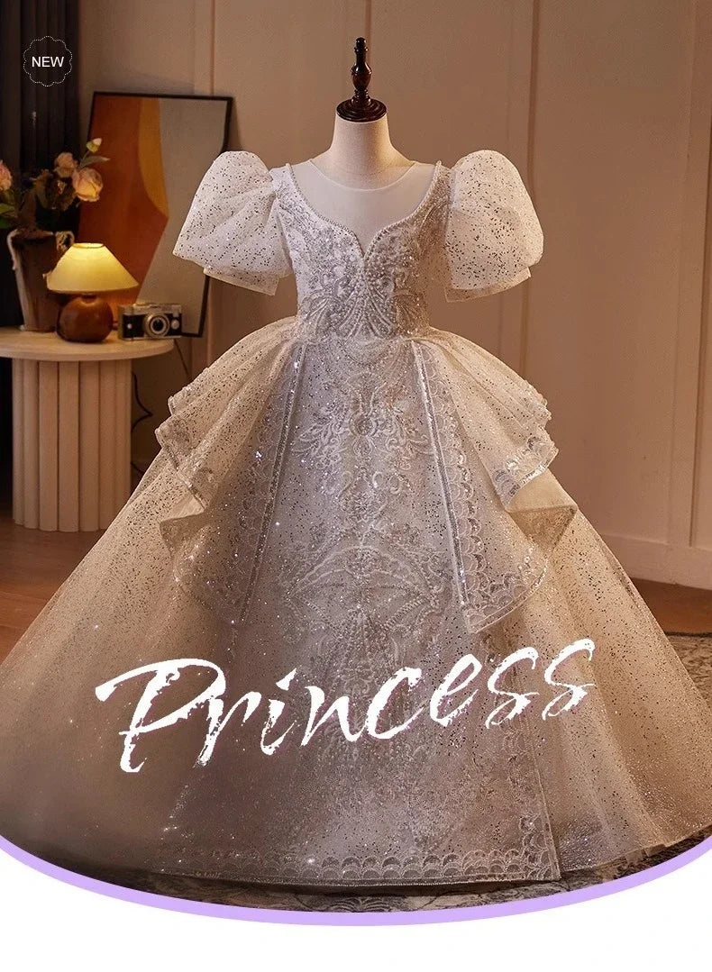 2025 Mädchen Neue Mode Prinzessin Kleid Große Kinder Weiß Klavier Leistung Puffy FormalParty WearParty Tragen Kleid Host Outfit Geburtstag.