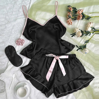 Damen-Pyjama-Set mit Trägern, elegantes Satin-Damen-Pyjama-Set mit Spaghettiträger-Oberteil, rückenfrei, V-Ausschnitt, Rüschen, plissiert für Komfort.