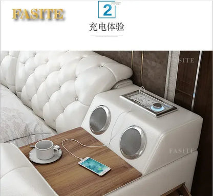 Premium Tech Smart Multifunktions-Bettgestell mit echtem Leder, Bluetooth-Lautsprecher