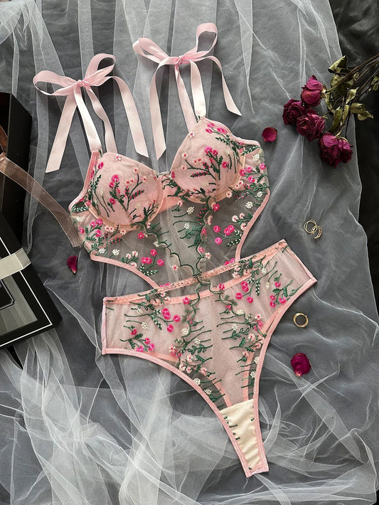 Sexy Pink Floral Embroidery Lingerie Bodysuit Hollow Out Strap Bow Tie Underwear Playsuit Backless Patchwork Mesh Erotic Romper.