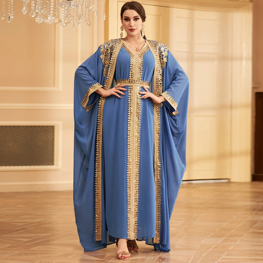 Ramadan Sequins Dubai Abayas Arab Tunics Batwing Sleeve Dresses For Women Gala Two pieces Moroccan Elegant Kebaya