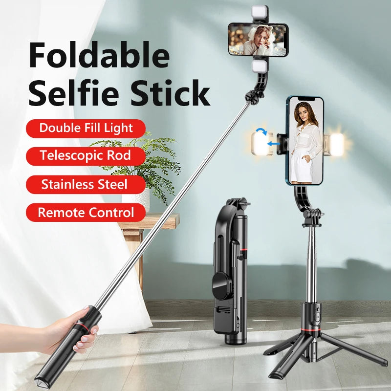 L13D Selfie Stick 1160mm with Wireless Bluetooth Double Fill Light Extended Tripod with Remote Shutter for Android IOS Cellphone.