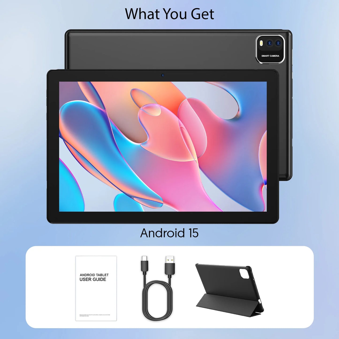 BAKEN Android 15 tablet, 10-inch, 12 (3+9)GB RAM + 64GB ROM, quad-core, 6000mAh battery, includes a free protective case.