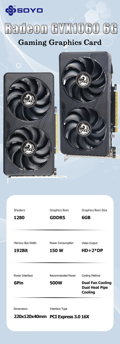 SOYO Graphics Cards GTX1060 6G/3G DDR5 192bit HDMI compatibility+DP*2 For Desktop Gaming Computer Components GPU Video Card.