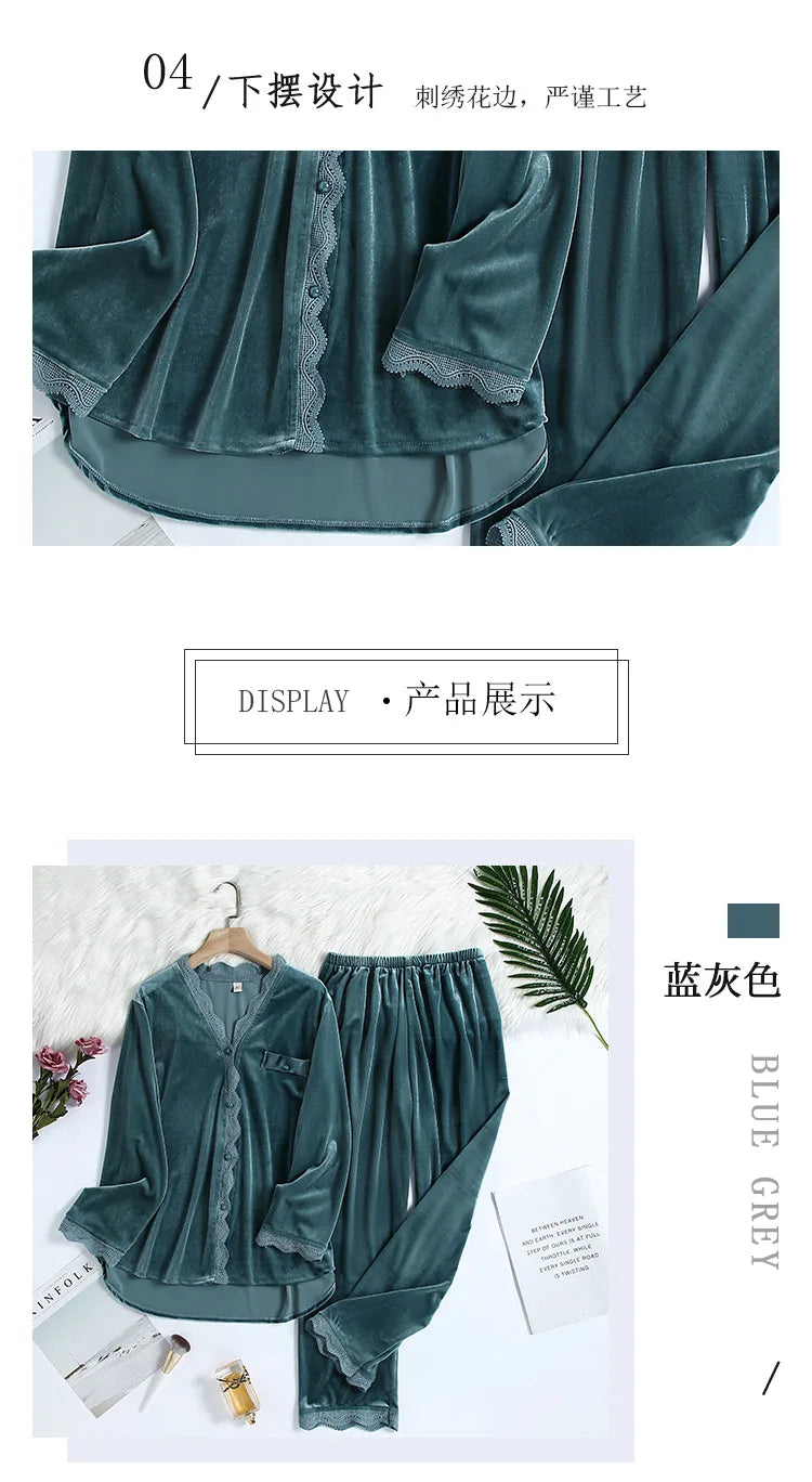 Fdfklak 2Pcs Gold Velvet Pajamas Set For Women Warm Pyjama Sexy V-Neck Lace Homewear Autumn Winter New Pijamas Long Pant.