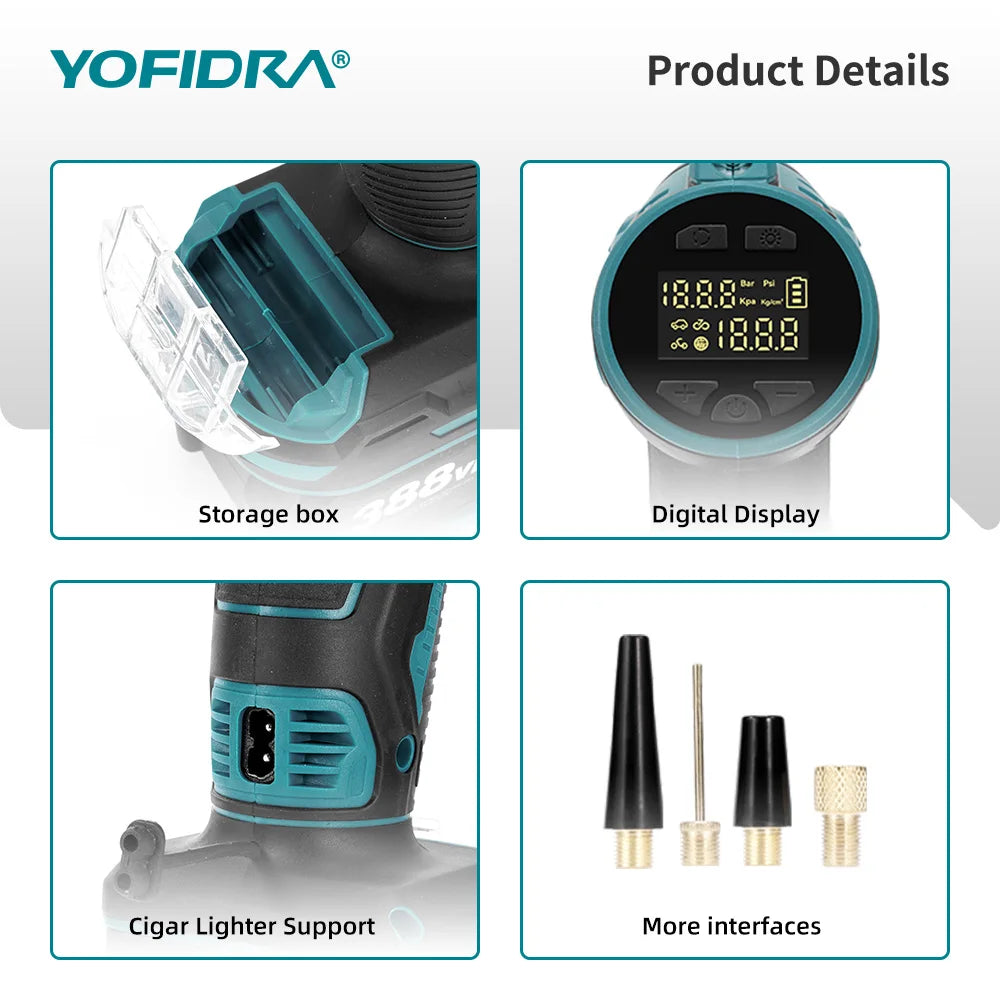 YOFIDRA Aufblasbare Elektrische Luftpumpe Digital Display Auto Reifen Inflator Automatische Luft Inflator Power Tool Für Makita Batterie Pin
