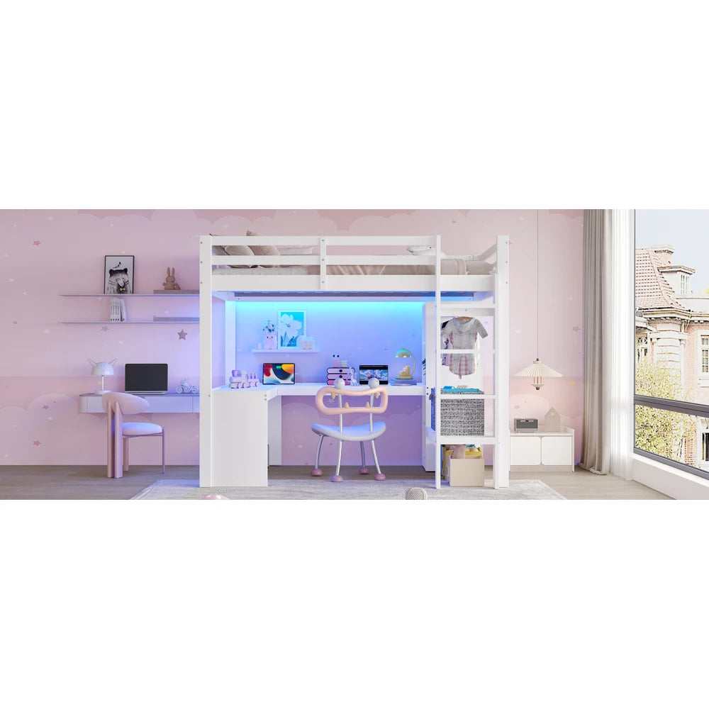 Modernes Kinder-Hochbett 140 x 200 mit Multifunktionsregalen, Unterbett-Schreibtisch, LED-Licht und USB, Kleiderschrank mit Stauraum, für Schlafzimmer