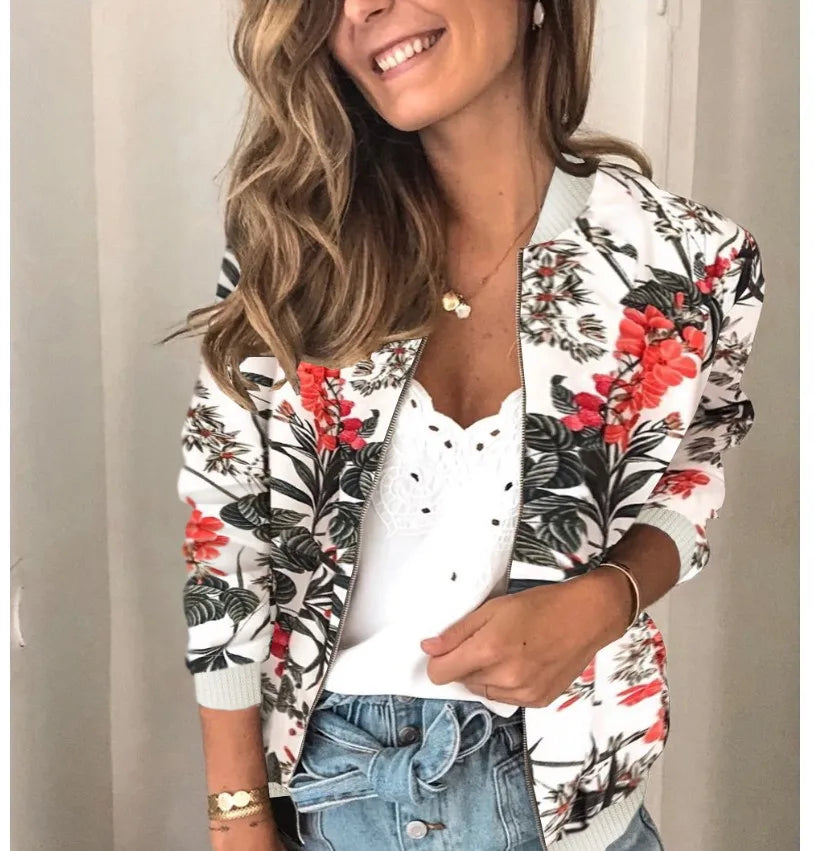 Women Elegant Zipper Bomber Jacket Spring Autumn Floral Printed Jackets Office Wear Slim Office Coat Retro Outwear.