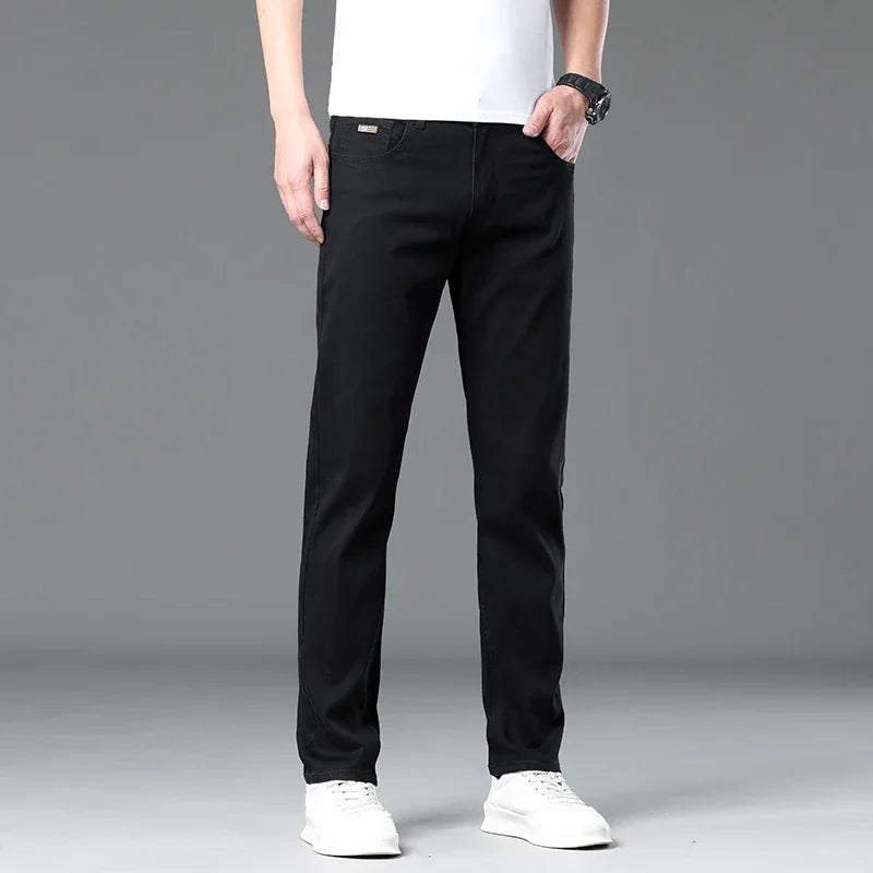 Summer Lyocell Ultra-thin Jeans Men Straight Stretch Breathable Denim Pants Fashion Business Casual Male Trousers Black Gray.