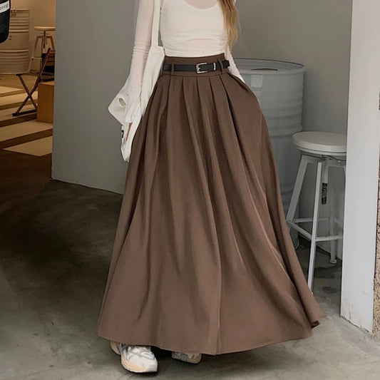 Qiukichonson Grey Midi Long Skirts Womens Maxi Skirt 2023 Autumn Winter Suit Skirt Goth Lolita High Waist Ruffle Pleated Skirts.