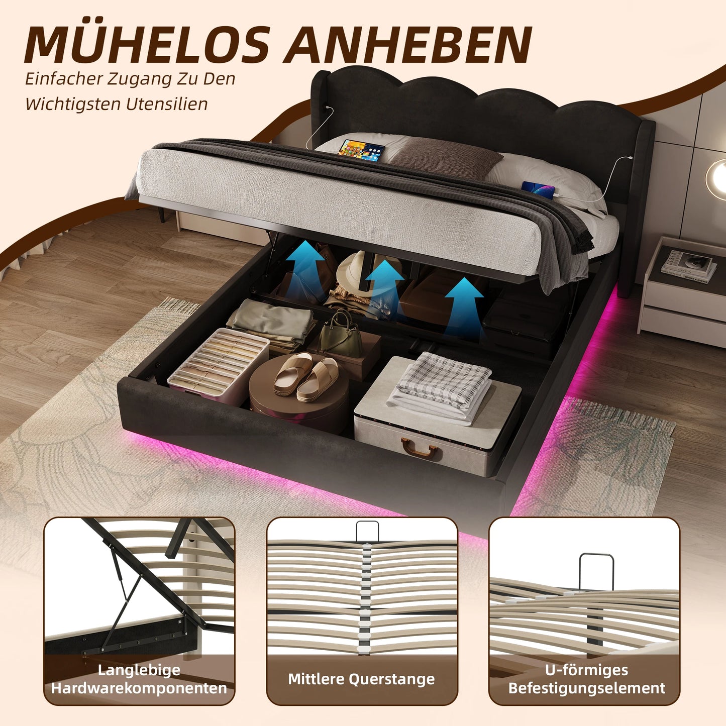 Gepolstertes Doppelbettrahmenpaneel, flache Nudelrahmenhalterung aus Wellpappe, mit LED-Licht, USB+C-Schnittstellenaufladung, 160 cm × 200 cm