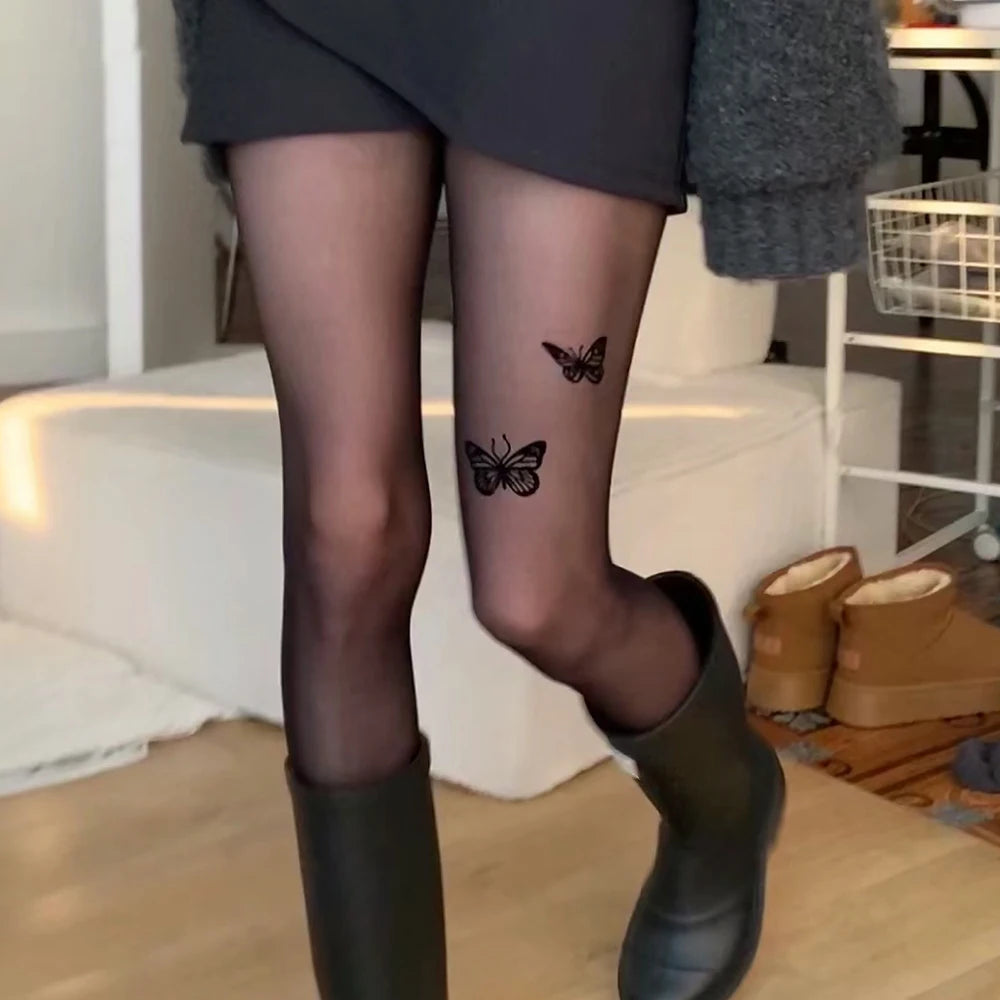 Women Butterfly Print Tights Pantyhose Spring Summer Black Nylon Ultra-thin Stockings Hosiery Spicy Girl Party Club Stockings.