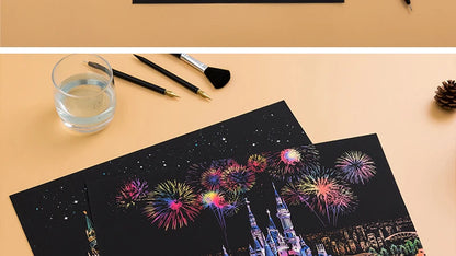 4PCS Scratch Art Paper World Landmarks Animals Painting Toy with Stylus Stress Relief Drawing Kids Adult Gift Glow in Dark Craft.