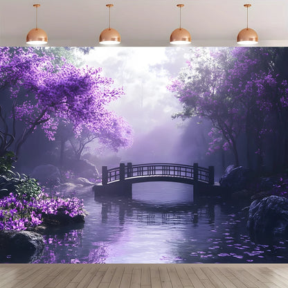 Blooming purple flowers and rustic bridge tapestry-a peaceful landscape wall hanging for bedroom living room decoration.