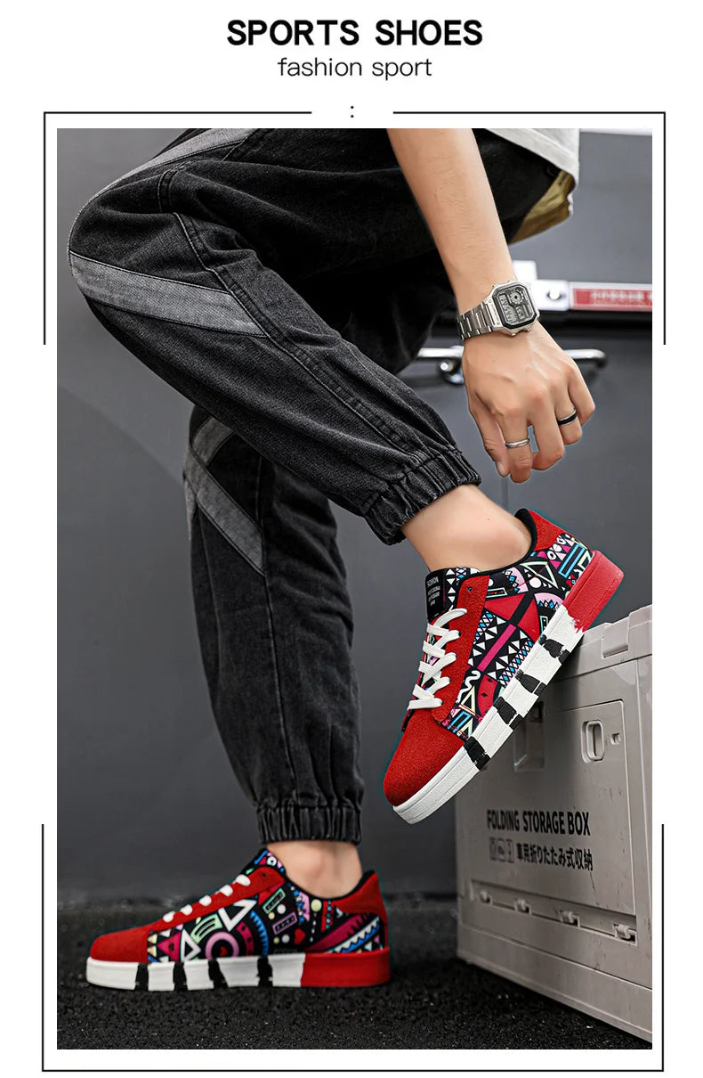 High quality Red Vulcanized Shoes For Men Unisex Casual Sneakers 46 Size Fashion Graffiti Flat Sneakers Men Skateboard Shoes.
