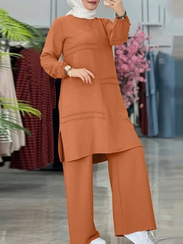 Ramadan Two Piece Sets Shirt Dress &Pants Women Muslim Suits Shirt Blouse Musulman Ensembles Moroccan Kaftan Islamic Dress Sets.