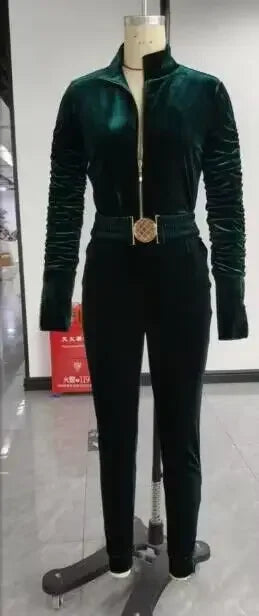 Sexy Women Bodycon Jumpsuits Velvet Zipper Design Sheath Jumpsuits Ruched Long Sleeve Jumpsuit with Elastic Waistbelt for Female.