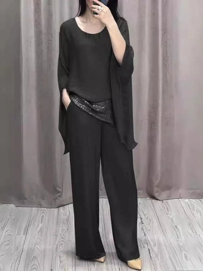 Fashion 2 Piece Set Party Outfits New Spring Summer Elegant Women's Suit Casual Bat Wing Sleeve Blouse Top with Wide Leg Pants.