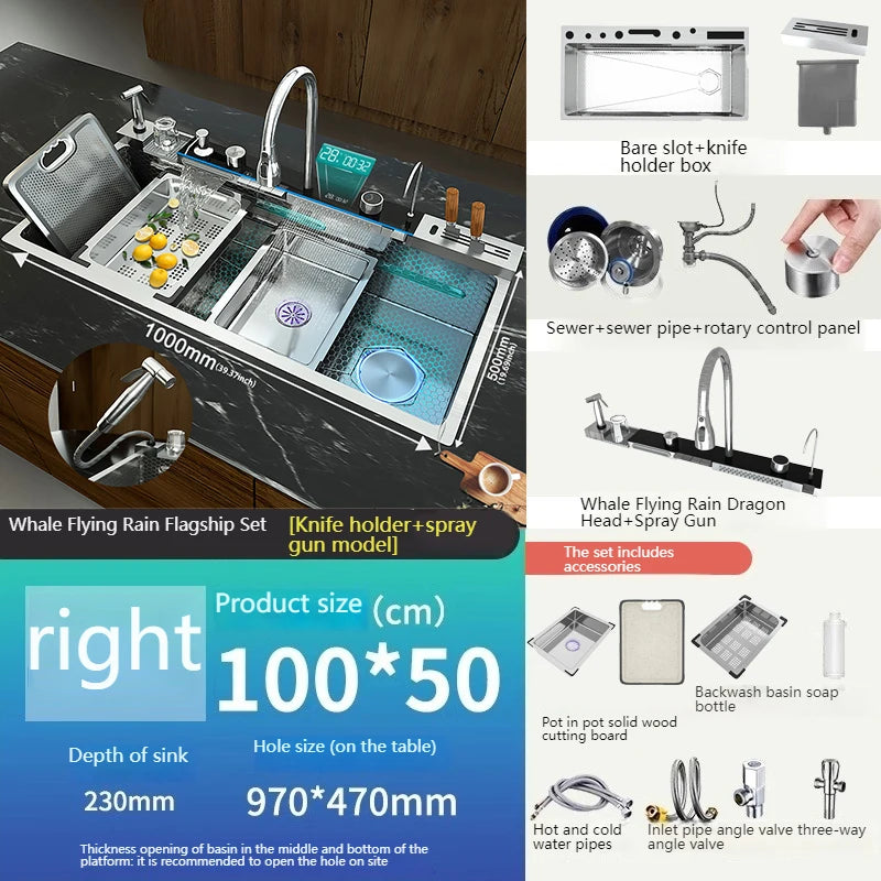 Waterfall Stainless Steel Kitchen Sink Intelligent Digital Display Faucet Large Single Slot Dishwash Bowl Wash Vegetables Basin