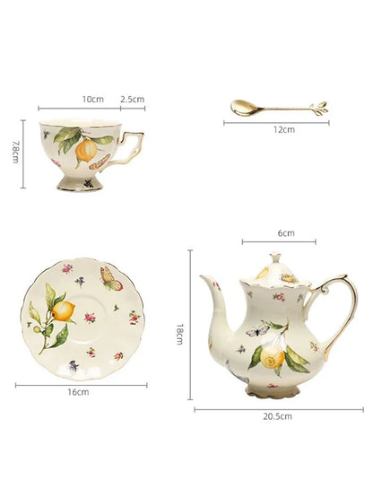 European Style Ceramic Mug Coffee Cup and Saucers Set Lemon Pattern Retro Afternoon tea cup Dessert Plate Teapot Home kettle.