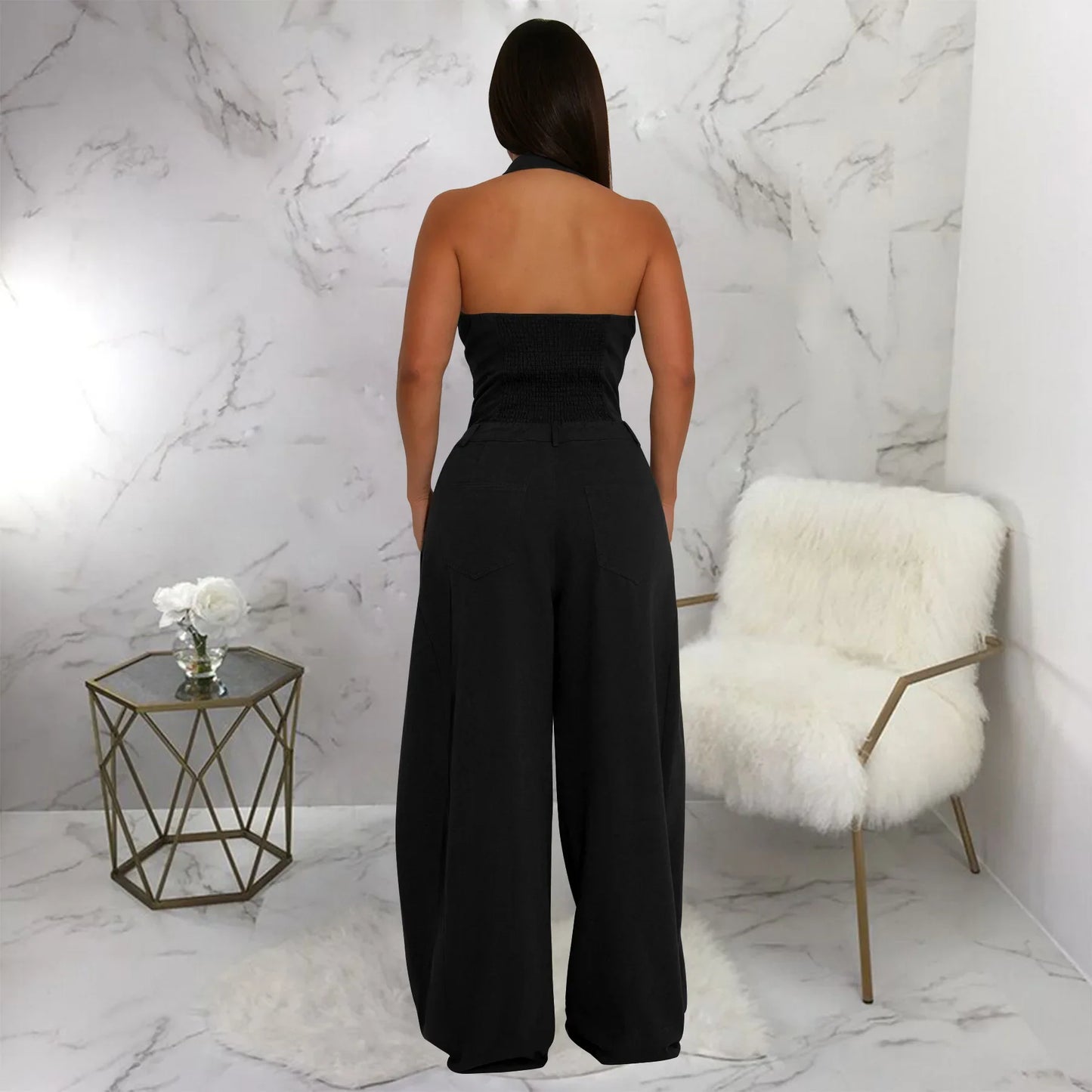 Fashionable Backless Casual Romper with Pockets for Women Summer Breathable Lightweight Solid Color One-Piece Suit.