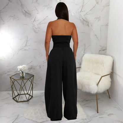 Fashionable Backless Casual Romper with Pockets for Women Summer Breathable Lightweight Solid Color One-Piece Suit.