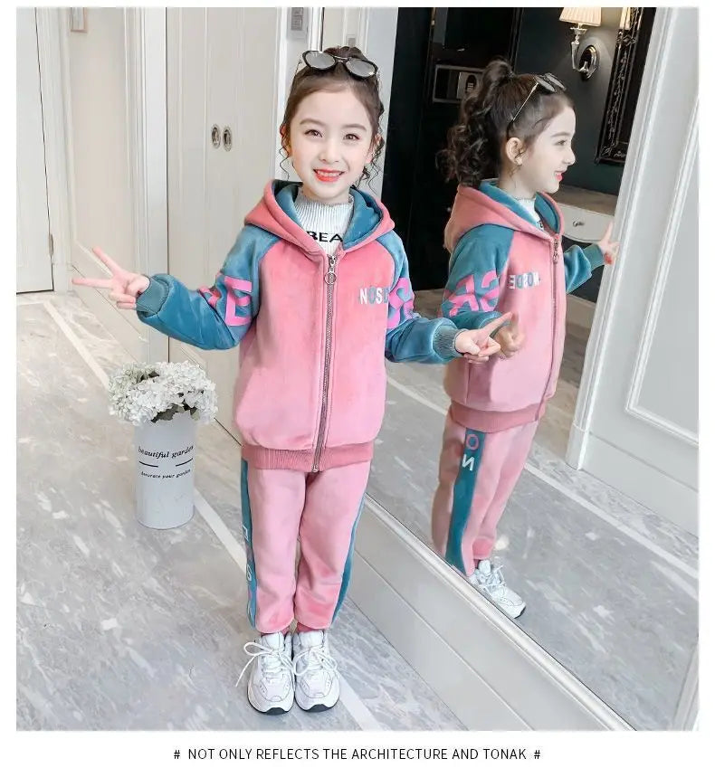 New Winter Keep Warm Girls Clothing Set Padded Lining With Plush Velent Hooded Jacket+Pants 2pcs Suit For 3-12 Years Kids