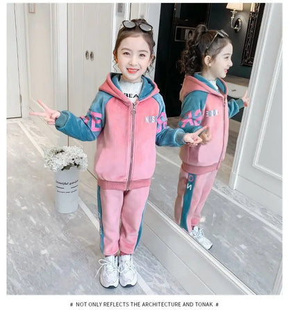New Winter Keep Warm Girls Clothing Set Padded Lining With Plush Velent Hooded Jacket+Pants 2pcs Suit For 3-12 Years Kids