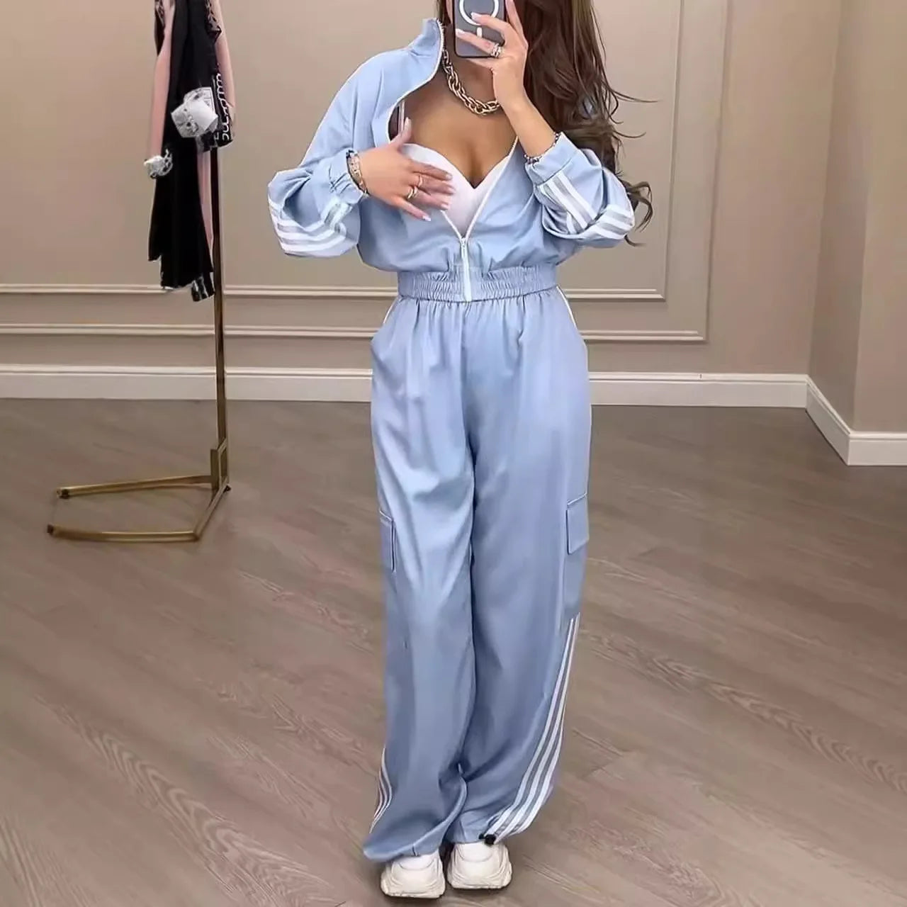 Sports Trousers Loose White Casual Women's Set Fashion Zipper High-waisted Hoodie + Wide-leg Overalls 2-piece Sweatshirt Suit.