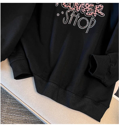 175kg plus size Damen büste Frühling Herbst lose Kragen bedruckt Langarm Sweatshirt schwarz rosa 4xl 5xl 6xl 7xl 8xl 9xl