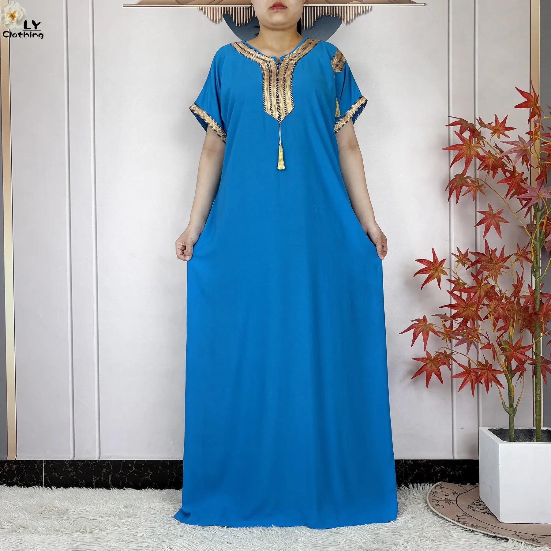 New Muslim Abayas Summer Short Sleeve African Dashiki Tassels Cotton Loose Caftan Lady Maxi Islam Casual Dresses With Headscarf.