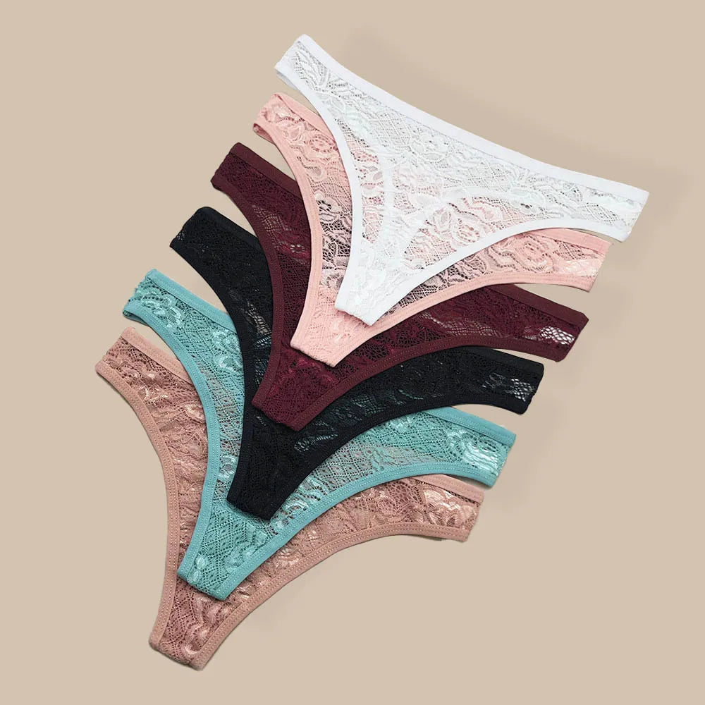 Moonflame 5Pcs Lace Cotton Thongs Underwear Lingerie For Women T-back Ladies Transparent G-string Girls Panties.
