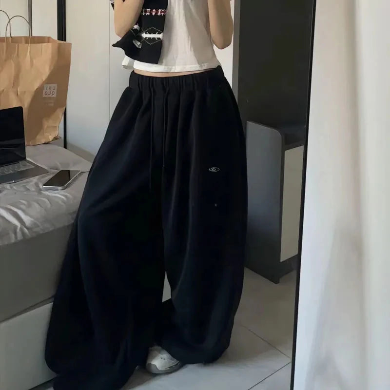 Oversize Cotton Pants Woman Y2K Casual Drawstring Trousers Korean Streetwear High Waist All Match Jogger Pants Grey Sweatpants.
