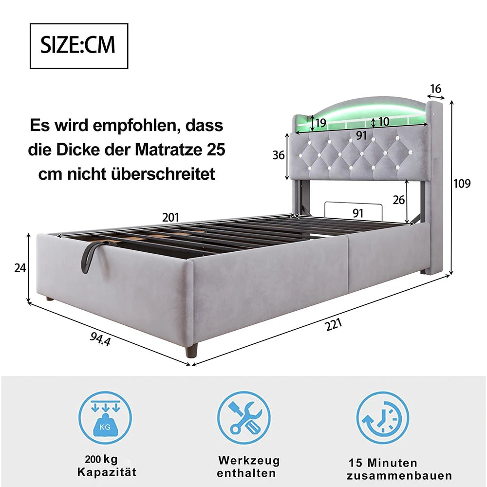 KOMHTOM Kinder Polsterbett 90x200 cm Samt Einzelbett, Multifunktionsbett mit Stauraum, LED und USB