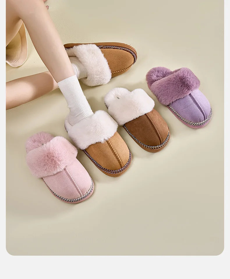 Litfun Women's Warm Fuzzy Slippers Winter New Fur Collar Indoor Plush Flat Slides Fluffy Women Cotton Shoes Furry House Slippers.