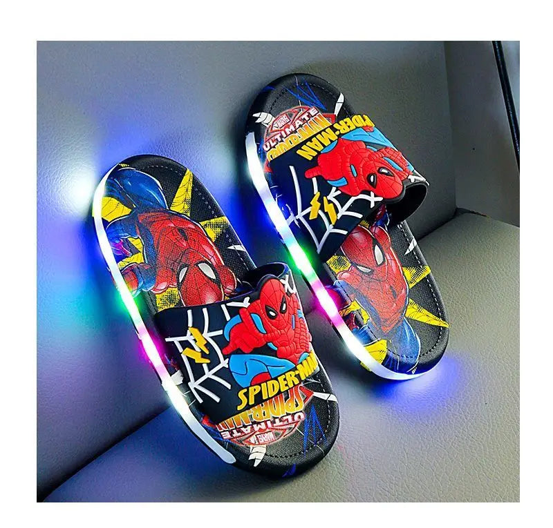 Disney Spider-Man Children's Slippers Non-slip Cartoon Light Soft Soled Slippers For Boys LED Light Luminous Children's Summer S.