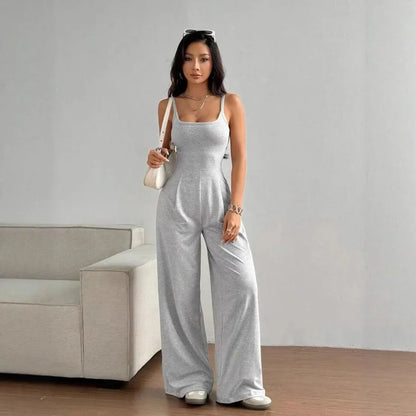 Fashionable Solid Color High Waist Bell Bottom Jumpsuit Backless Strap Casual Women's Long Pants One Piece Suit Female.