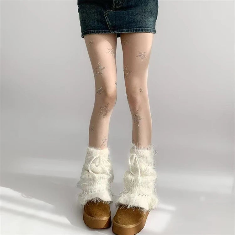 LOTDOOTN Y2K Tights Silver Star Print Pantyhose Women Girl Japanese Mesh Transparent Pantyhose Bow Star Tights Stockings Lolita.