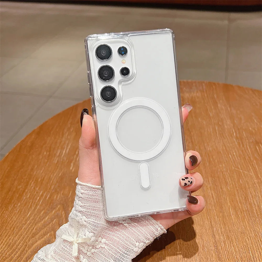 Magsafe Magnetic Charge Phone Case For Samsung Galaxy S25 S24 S23 Ultra S22 Plus S21 FE A16 A15 A35 A55 Clear Acrylic Slim Cover.