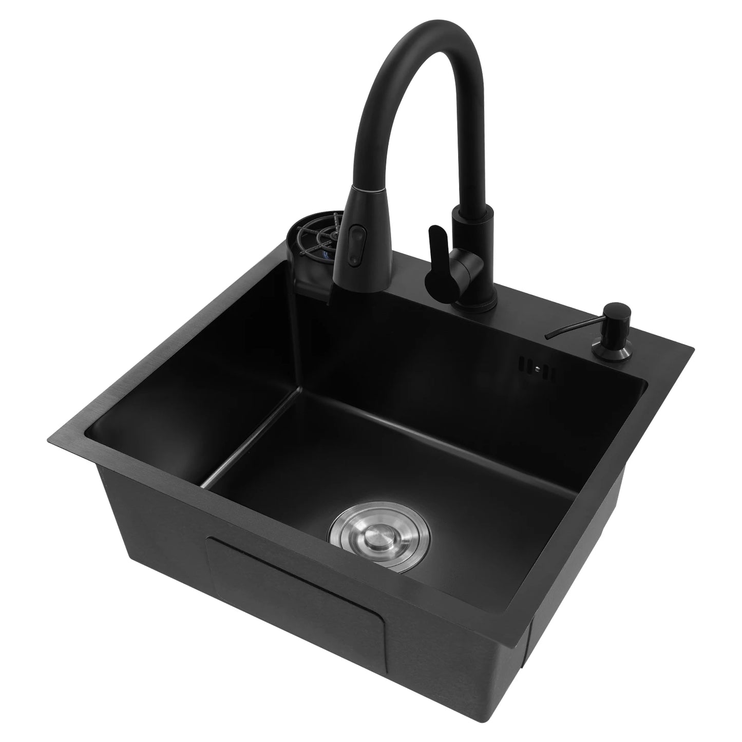 Multifunktionales Küchenspülbecken aus Edelstahl, rechteckiges schwarzes Küchenspülbecken mit ausziehbarem Wasserhahn und 300 ml Seifenspender