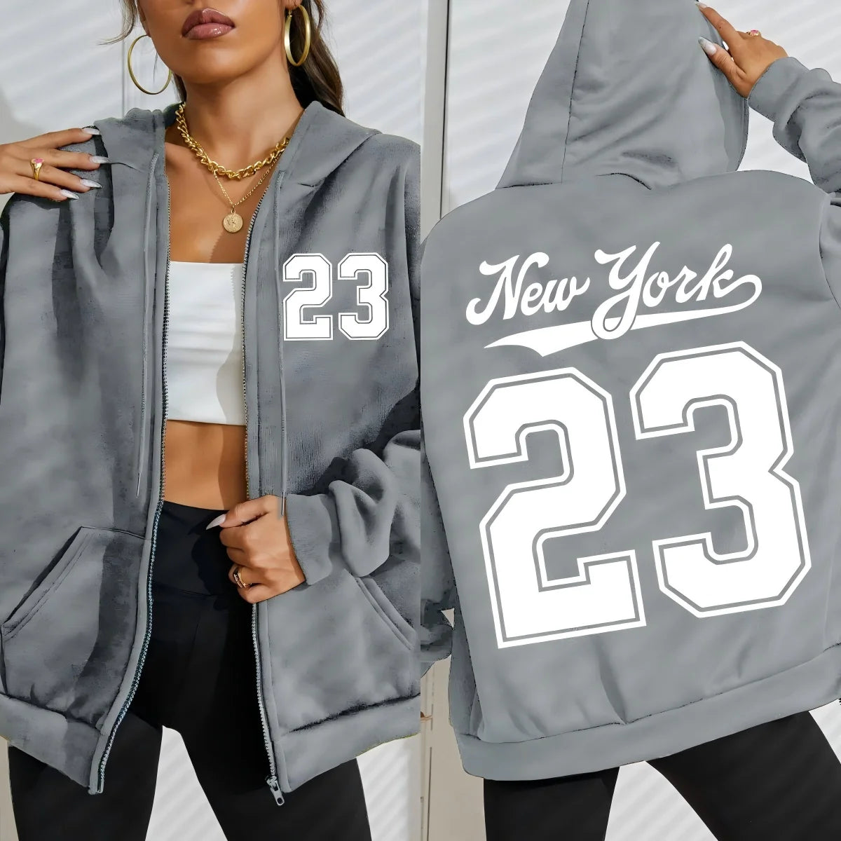 New York Number 23 Art Letter Printing Women Zipper Hoodie Fashion Hoodies Fleece Sportswears Autumn Casual Female Hoody.