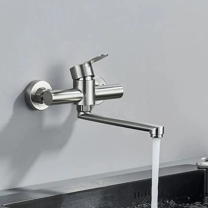 Kitchen Faucets Stainless Steel Wall Mounted Dual Hole Bathroom 360 Rotate Basin Faucet Cold Hot Water Mixer Taps With spray gun