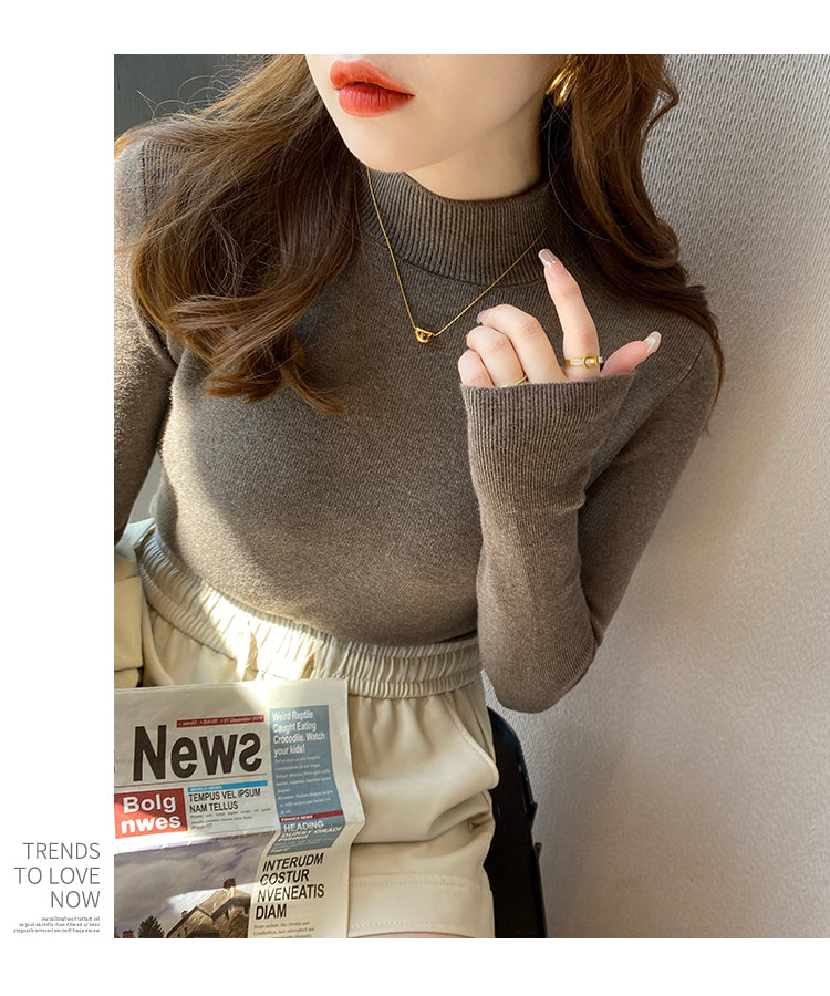 Herbst Winter Frauen Mock neck Pullover Pullover Tops Strickwaren Mode Weibliche Lange Hülse Dünne Elastische Beiläufige Gestrickte Shirts.