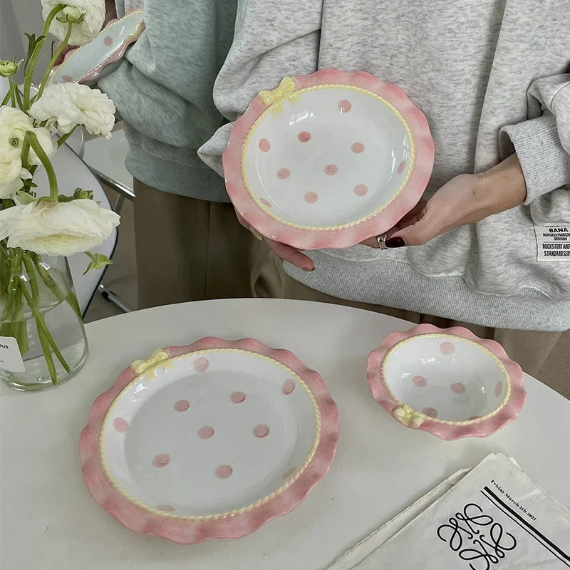 Cartoon Pink Ceramic Dinner Plate with Bow Knot, Household Dish, High Temperature Resistant, Deep Dish, Kitchen Tableware Set.