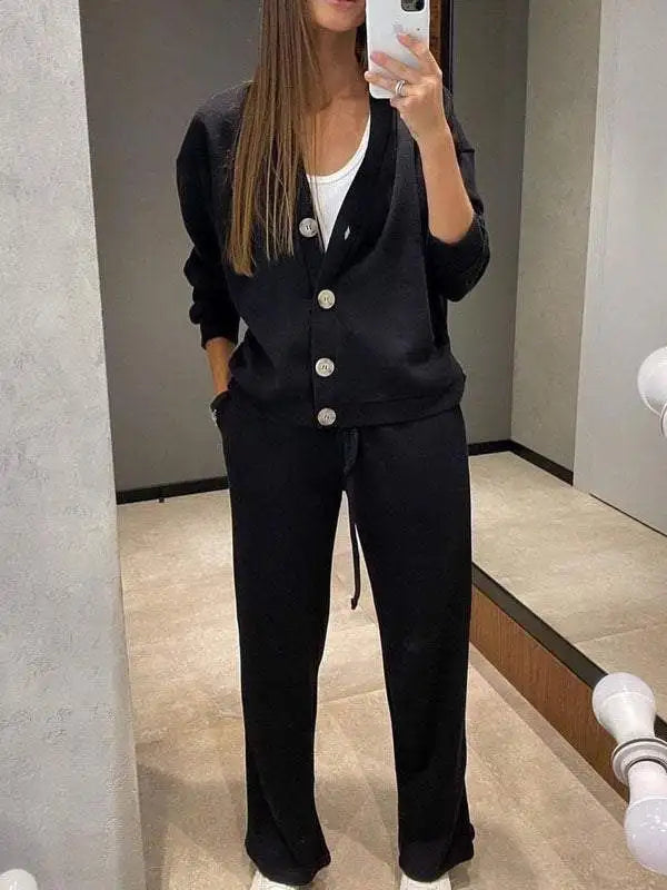Autumn Fashion Knitted Cotton Women's Sports Jacket Suit Simple Trousers Pocket Casual Cardigan Elegant 2-piece Set Female.