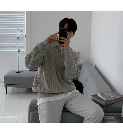 Half Zipper Sweater Men's Autumn and Winter Japanese Retro Korean Lapel Sweater Loose Casual Thread Trend.