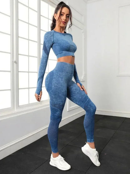 2 Piece Acid Wash Gym Set Women Seamless Long Sleeve Leggings Tracksuit Sports Fitness Suit Scrunch Workout Clothes Yoga Outfits