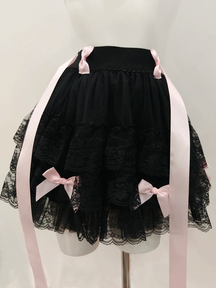 Multilayered Lace Skirts for Sweet Girls Summer Ribbons Bows Decoration Elastic Waist Lolita Style White Skirt Kawaii Clothes.