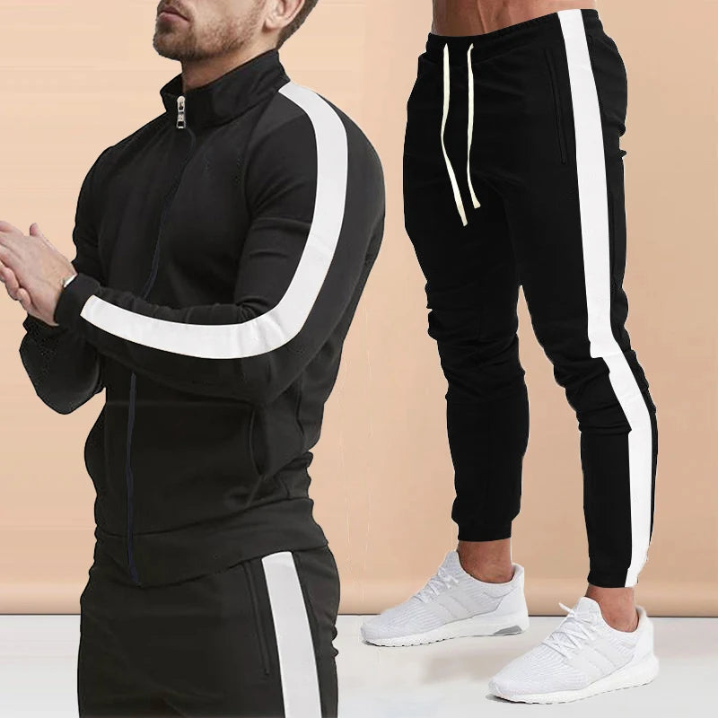2025 Europe and the United States Spring and Autumn Outdoor New Leisure Men's Sports Suit Color Contrast Outdoor Men's 2 Pieces.