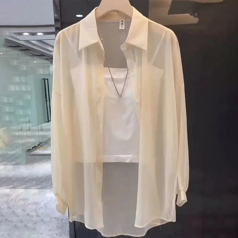 Sheer Chiffon Shirt Women's Casual UV Resistant Cardigan Summer Thin Commuting Coat Japanese Fashion Mesh Sunscreen Clothing Y2k